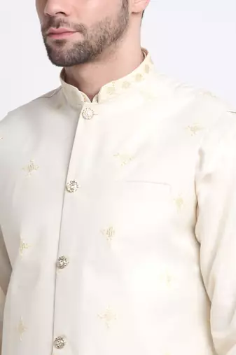 Men Ruby Cotton Sequence Embroided Cream Kurta Trouser with Cream Nehru Jacket Set