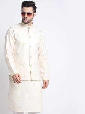 Men Ruby Cotton Sequence Embroided Cream Kurta Trouser with Cream Nehru Jacket Set 3