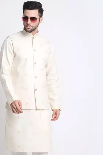 Men Ruby Cotton Sequence Embroided Cream Kurta Trouser with Cream Nehru Jacket Set
