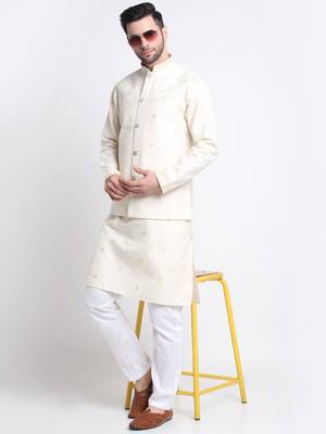 Men Ruby Cotton Sequence Embroided Cream Kurta Trouser with Cream Nehru Jacket Set 4