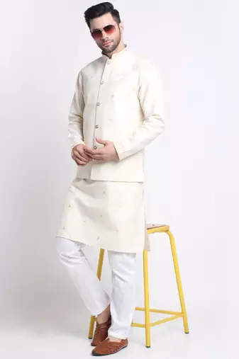 Men Ruby Cotton Sequence Embroided Cream Kurta Trouser with Cream Nehru Jacket Set