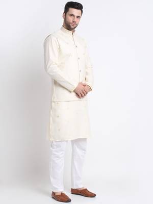 Men Ruby Cotton Sequence Embroided Cream Kurta Trouser with Cream Nehru Jacket Set 5