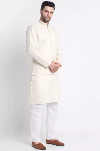 Men Ruby Cotton Sequence Embroided Cream Kurta Trouser with Cream Nehru Jacket Set
