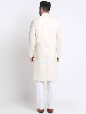 Men Ruby Cotton Sequence Embroided Cream Kurta Trouser with Cream Nehru Jacket Set 6