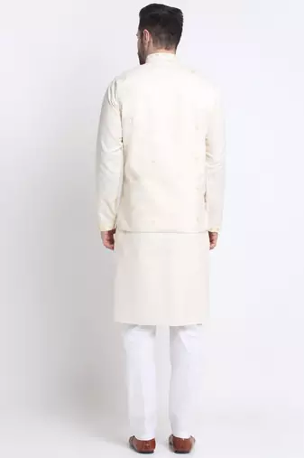 Men Ruby Cotton Sequence Embroided Cream Kurta Trouser with Cream Nehru Jacket Set
