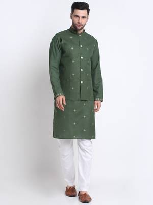 Men Ruby Cotton Sequence Embroided Mehndi Kurta Trouser with Mehndi Nehru Jacket Set 1