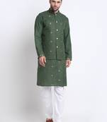 Men Ruby Cotton Sequence Embroided Mehndi Kurta Trouser with Mehndi Nehru Jacket Set