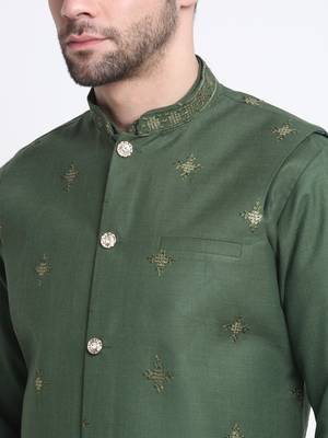 Men Ruby Cotton Sequence Embroided Mehndi Kurta Trouser with Mehndi Nehru Jacket Set 2