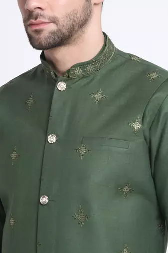Men Ruby Cotton Sequence Embroided Mehndi Kurta Trouser with Mehndi Nehru Jacket Set