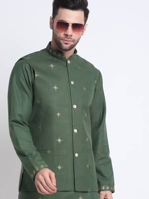 Men Ruby Cotton Sequence Embroided Mehndi Kurta Trouser with Mehndi Nehru Jacket Set 3