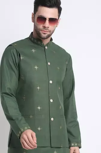 Men Ruby Cotton Sequence Embroided Mehndi Kurta Trouser with Mehndi Nehru Jacket Set