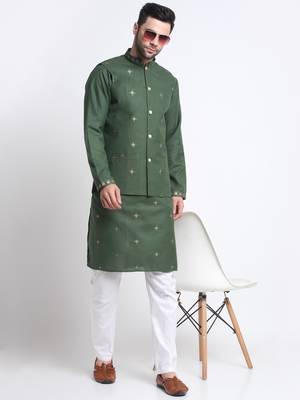 Men Ruby Cotton Sequence Embroided Mehndi Kurta Trouser with Mehndi Nehru Jacket Set 4