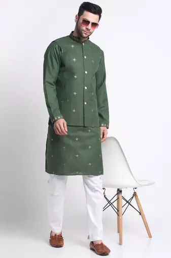 Men Ruby Cotton Sequence Embroided Mehndi Kurta Trouser with Mehndi Nehru Jacket Set