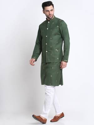 Men Ruby Cotton Sequence Embroided Mehndi Kurta Trouser with Mehndi Nehru Jacket Set 5