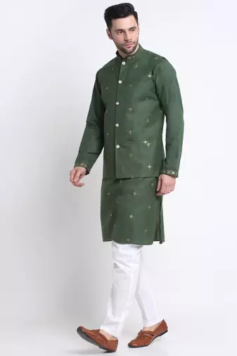 Men Ruby Cotton Sequence Embroided Mehndi Kurta Trouser with Mehndi Nehru Jacket Set