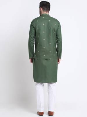 Men Ruby Cotton Sequence Embroided Mehndi Kurta Trouser with Mehndi Nehru Jacket Set 6