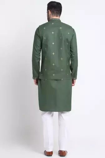Men Ruby Cotton Sequence Embroided Mehndi Kurta Trouser with Mehndi Nehru Jacket Set