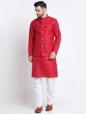 Men Ruby Cotton Sequence Embroided Red Kurta Trouser with Red Nehru Jacket Set 1