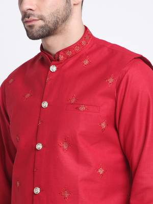 Men Ruby Cotton Sequence Embroided Red Kurta Trouser with Red Nehru Jacket Set 2