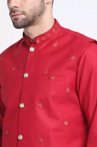 Men Ruby Cotton Sequence Embroided Red Kurta Trouser with Red Nehru Jacket Set