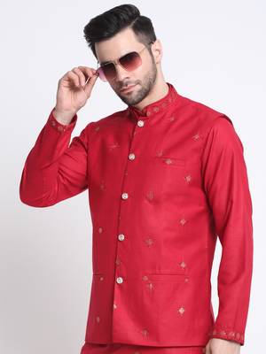 Men Ruby Cotton Sequence Embroided Red Kurta Trouser with Red Nehru Jacket Set 3