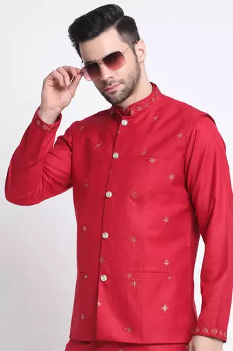 Men Ruby Cotton Sequence Embroided Red Kurta Trouser with Red Nehru Jacket Set