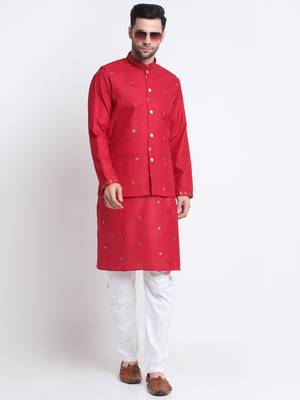 Men Ruby Cotton Sequence Embroided Red Kurta Trouser with Red Nehru Jacket Set 4