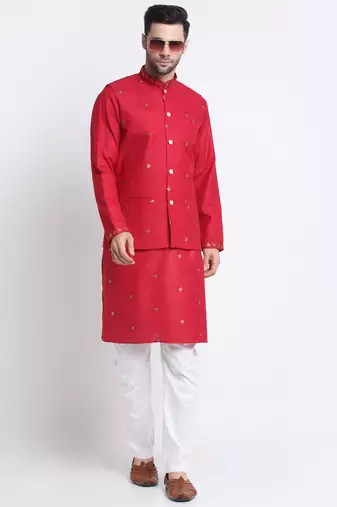 Men Ruby Cotton Sequence Embroided Red Kurta Trouser with Red Nehru Jacket Set