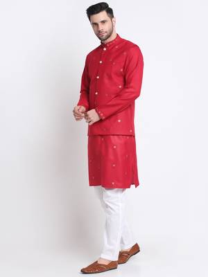 Men Ruby Cotton Sequence Embroided Red Kurta Trouser with Red Nehru Jacket Set 5