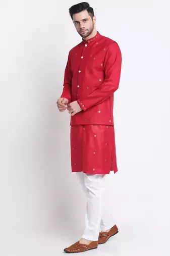 Men Ruby Cotton Sequence Embroided Red Kurta Trouser with Red Nehru Jacket Set