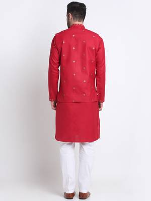 Men Ruby Cotton Sequence Embroided Red Kurta Trouser with Red Nehru Jacket Set 6