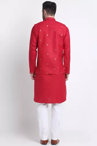 Men Ruby Cotton Sequence Embroided Red Kurta Trouser with Red Nehru Jacket Set