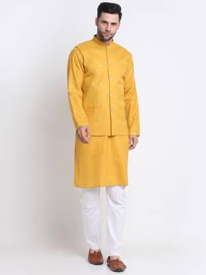Men Ruby Cotton Sequence Embroided Yellow Kurta Trouser with Yellow Nehru Jacket Set 1