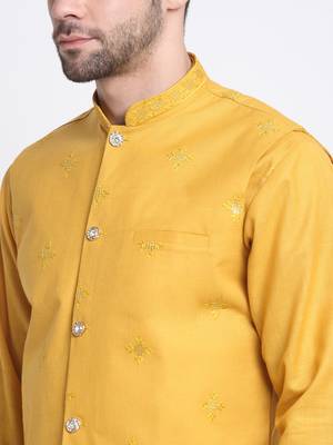 Men Ruby Cotton Sequence Embroided Yellow Kurta Trouser with Yellow Nehru Jacket Set 2
