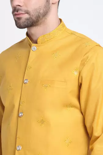 Men Ruby Cotton Sequence Embroided Yellow Kurta Trouser with Yellow Nehru Jacket Set