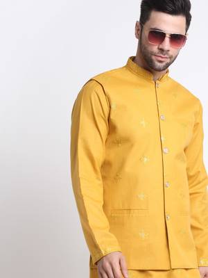 Men Ruby Cotton Sequence Embroided Yellow Kurta Trouser with Yellow Nehru Jacket Set 3