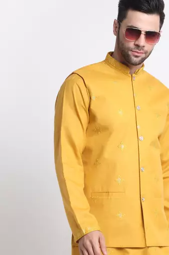 Men Ruby Cotton Sequence Embroided Yellow Kurta Trouser with Yellow Nehru Jacket Set