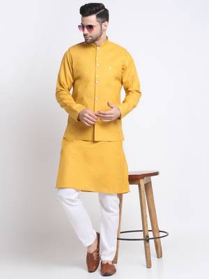 Men Ruby Cotton Sequence Embroided Yellow Kurta Trouser with Yellow Nehru Jacket Set 4
