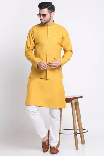 Men Ruby Cotton Sequence Embroided Yellow Kurta Trouser with Yellow Nehru Jacket Set