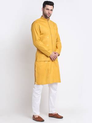 Men Ruby Cotton Sequence Embroided Yellow Kurta Trouser with Yellow Nehru Jacket Set 5