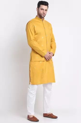 Men Ruby Cotton Sequence Embroided Yellow Kurta Trouser with Yellow Nehru Jacket Set