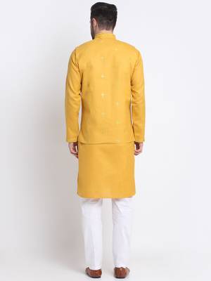 Men Ruby Cotton Sequence Embroided Yellow Kurta Trouser with Yellow Nehru Jacket Set 6