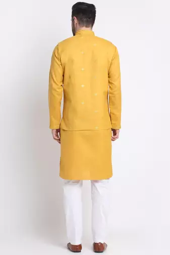 Men Ruby Cotton Sequence Embroided Yellow Kurta Trouser with Yellow Nehru Jacket Set