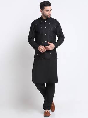 Men Cotton Black Pathani Kurta & Salwar with Black Nehru Jacket 1