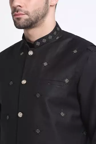 Men Cotton Black Pathani Kurta & Salwar with Black Nehru Jacket