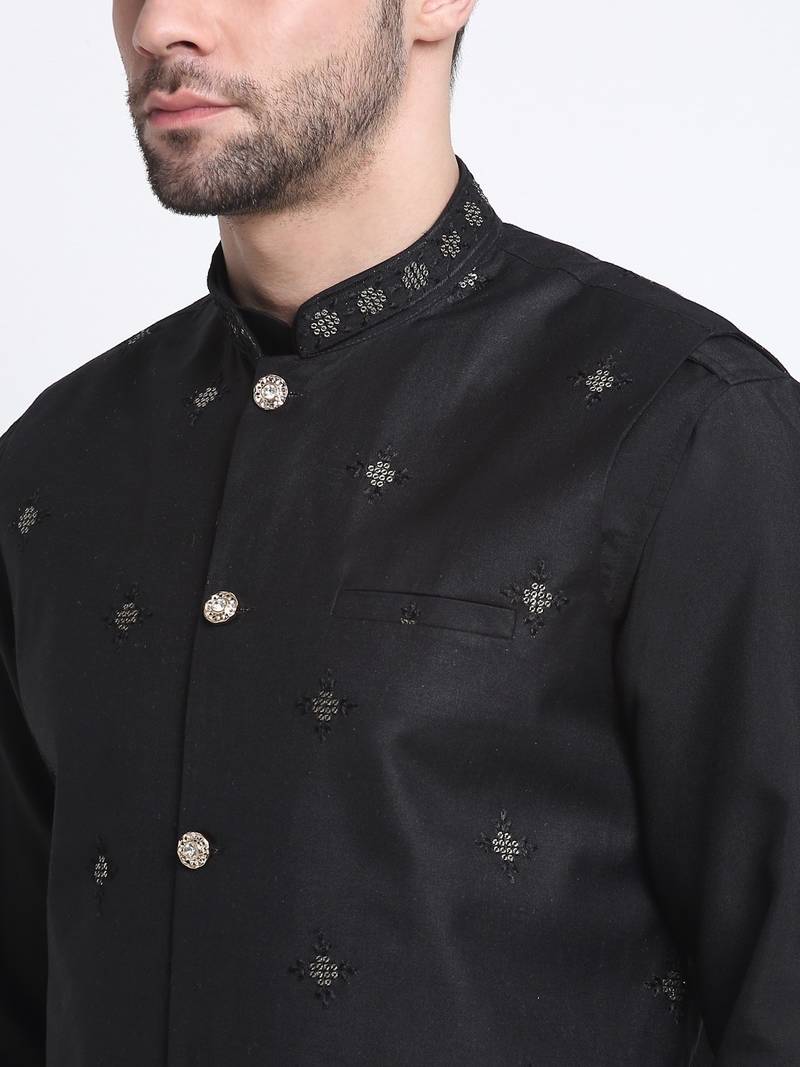 Men Cotton Black Pathani Kurta & Salwar with Black Nehru Jacket