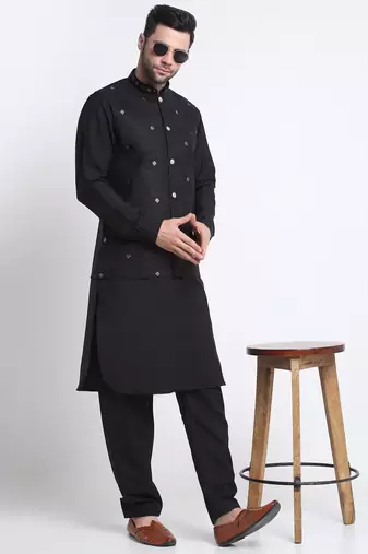 Men Cotton Black Pathani Kurta & Salwar with Black Nehru Jacket