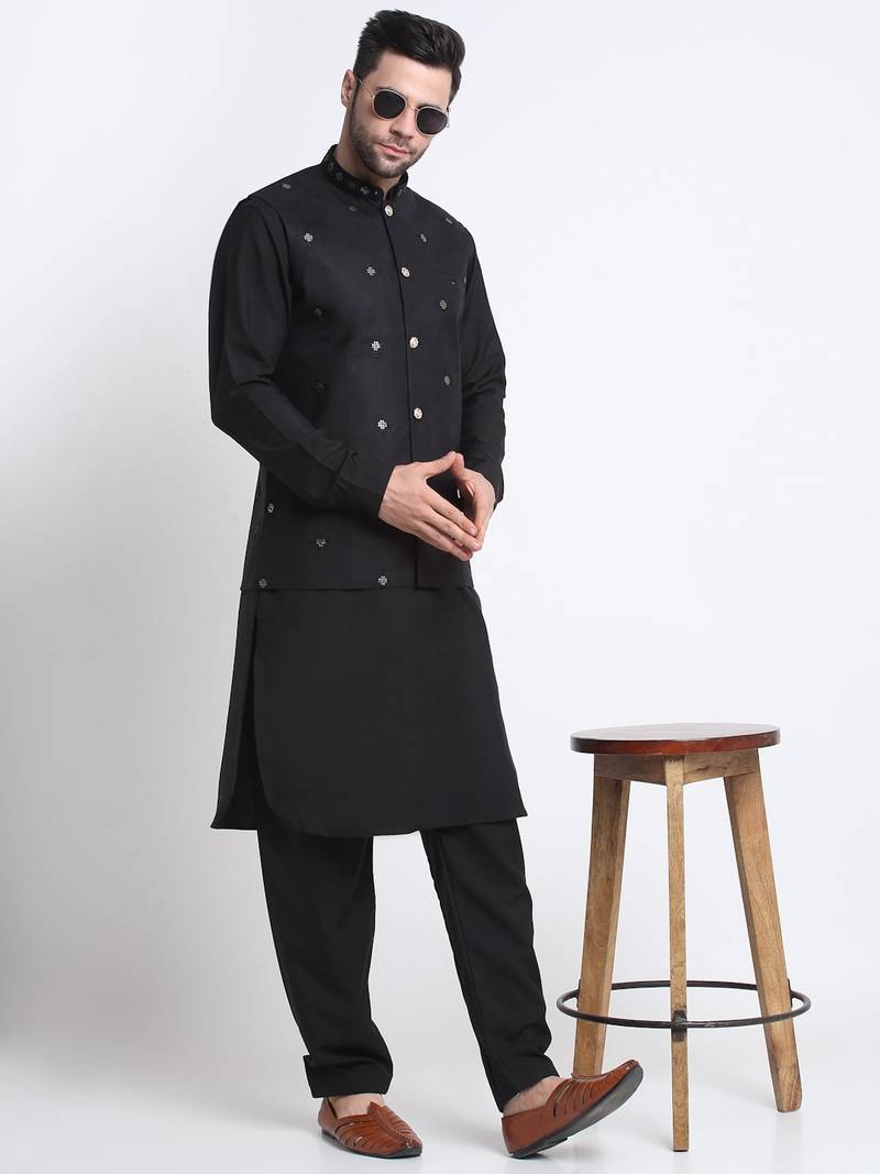 Men Cotton Black Pathani Kurta & Salwar with Black Nehru Jacket
