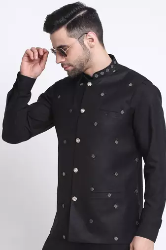 Men Cotton Black Pathani Kurta & Salwar with Black Nehru Jacket