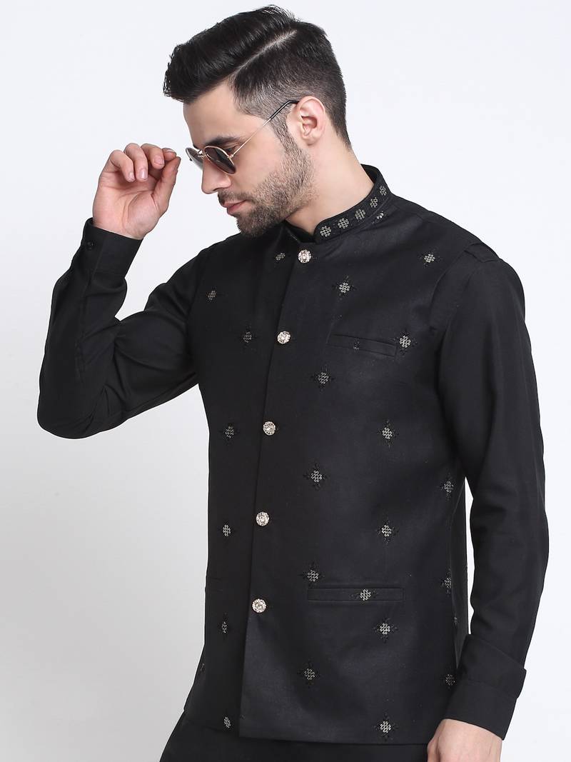 Men Cotton Black Pathani Kurta & Salwar with Black Nehru Jacket